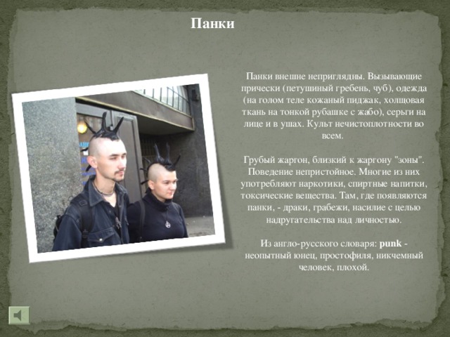 Панки Панки внешне неприглядны. Вызывающие прически (петушиный гребень, чуб), одежда (на голом теле кожаный пиджак, холщовая ткань на тонкой рубашке с жабо), серьги на лице и в ушах. Культ нечистоплотности во всем. Грубый жаргон, близкий к жаргону 