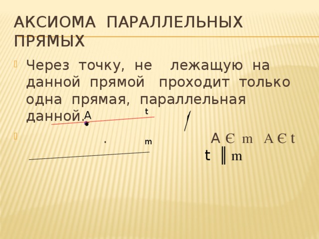 Аксиома параллельных прямых Через точку, не лежащую на данной прямой проходит только одна прямая, параллельная данной.  . А Є m A Є t t А • m  t ║ m 