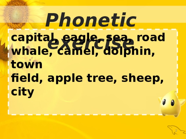 Phonetic exercise capital, eagle, sea, road whale, camel, dolphin, town field, apple tree, sheep, city   