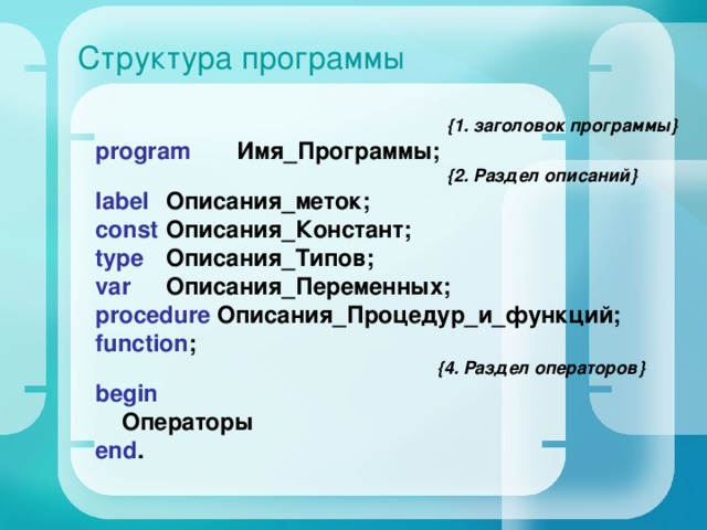 Структура программы  {1. заголовок программы} program   Имя_Программы;   { 2. Раздел описаний } label   Описания_меток; const   Описания_Констант; type   Описания_Типов; var   Описания_Переменных; procedure  Описания_Процедур_и_функций; function ;  { 4. Раздел операторов } begin  Операторы e nd . 