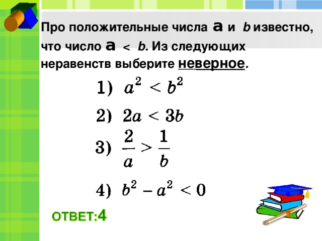 Про положительные числа  a  и  b известно, что число a b . Из  следующих неравенств выберите неверное . 