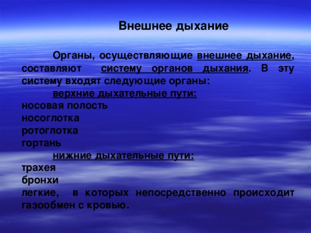  Внешнее дыхание   Органы, осуществляющие внешнее дыхание , составляют систему органов дыхания . В эту систему входят следующие органы:  верхние дыхательные пути:  носовая полость носоглотка ротоглотка гортань  нижние дыхательные пути:  трахея бронхи легкие, в которых непосредственно происходит газообмен с кровью. 