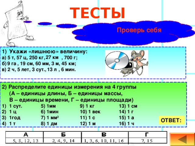 ТЕСТЫ  Проверь себя Укажи «лишнюю» величину: а) 5 т, 57 ц, 250 кг,  , 700 г;  б) , 19 см, 60 мм, 3 м, 45 км;  в) 2 ч, 5 лет, 3 сут., , 6 мин.  27 км 9 га 13 л 2) Распределите единицы измерения на 4 группы  (А – единицы длины, Б – единицы массы,  В – единицы времени, Г – единицы площади) 1 сут.  5) 1мм   9) 1 кг   13) 1 см 1 ц   6) 1мин   10) 1 век  14) 1 г 1год   7) 1 мм 2   11) 1 с   15) 1 а 1 т   8) 1 дм   12) 1 м   16) 1 ч  ОТВЕТ: 