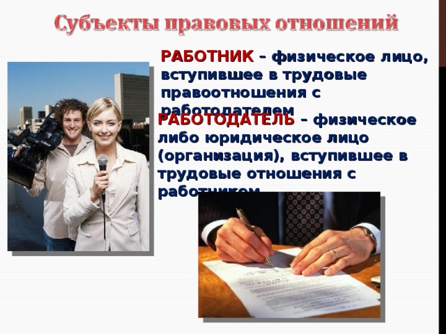 РАБОТНИК – физическое лицо, вступившее в трудовые правоотношения с работодателем РАБОТОДАТЕЛЬ – физическое либо юридическое лицо (организация), вступившее в трудовые отношения с работником 