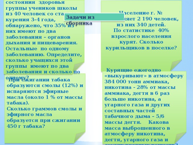   При исследовании состояния здоровья группы учеников школы из 40 человек со стажем курения 3-4 года, обнаружено, что 35% из них имеют по два заболевания – органов дыхания и пищеварения. Остальные по одному заболеванию. Определите, сколько учащихся этой группы имеют по два заболевания и сколько по одному? Население г. № составляет 2 190 человек, из них 340 детей. По статистике 40% взрослого населения курят. Сколько курильщиков в поселке? Задачи из сборника    Курящие ежегодно «выкуривают» в атмосферу 384 000 тонн аммиака, никотина - 28% от массы аммиака, дегтя в 6 раз больше никотина, а угарного газа и других составных частей табачного дыма – 5/6 массы дегтя. Какова масса выброшенного в атмосферу никотина, дегтя, угарного газа и других вредных веществ?  При сжигании табака образуются смолы (12%) и испаряются эфирные масла (около 1 % от массы табака). Сколько граммов смолы и эфирного масла образуется при сжигании 450 г табака? 