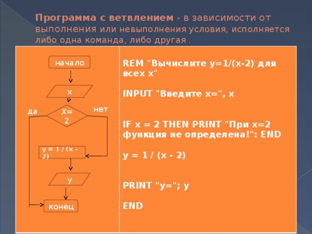 Программа с ветвлением - в зависимости от выполнения или невыполнения условия, исполняется либо одна команда, либо другая .  REM 