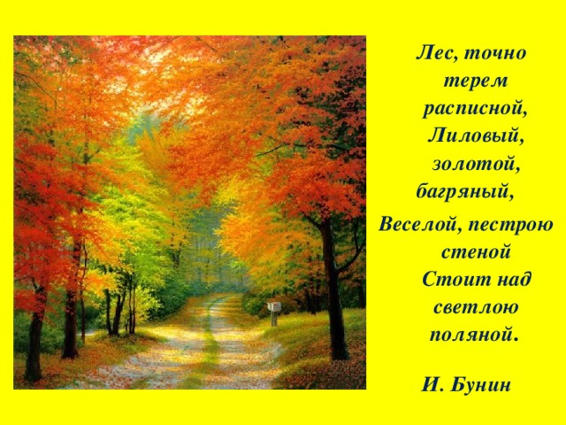  Лес, точно терем расписной,  Лиловый, золотой, багряный, Веселой, пестрою стеной  Стоит над светлою поляной .  И. Бунин 