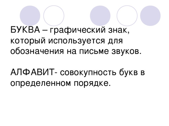 БУКВА – графический знак, который используется для обозначения на письме звуков.   АЛФАВИТ- совокупность букв в определенном порядке. 