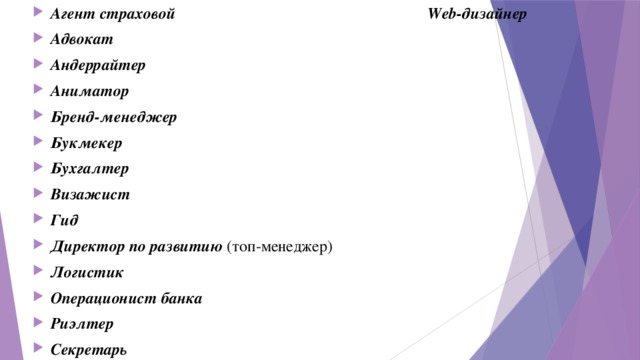Агент страховой Web-дизайнер Адвокат Андеррайтер Аниматор Бренд-менеджер  Букмекер Бухгалтер Визажист Гид  Директор по развитию (топ-менеджер) Логистик Операционист банка Риэлтер Секретарь 