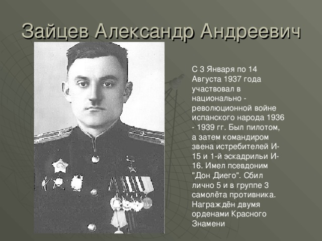 Зайцев Александр Андреевич С 3 Января по 14 Августа 1937 года участвовал в национально - революционной войне испанского народа 1936 - 1939 гг. Был пилотом, а затем командиром звена истребителей И-15 и 1-й эскадрильи И-16. Имел псевдоним 