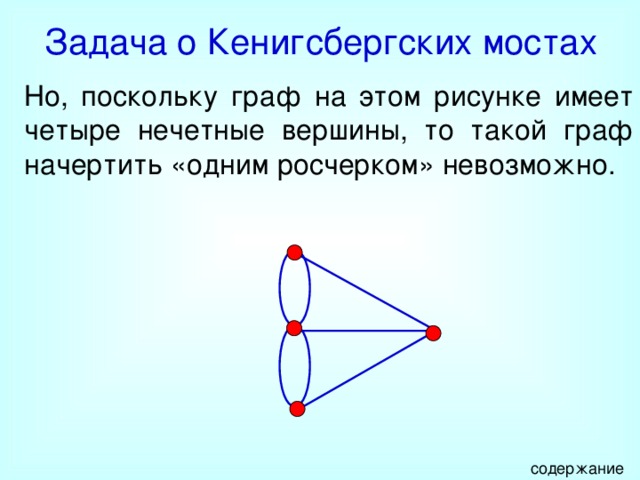 Задача о Кенигсбергских мостах Но, поскольку граф на этом рисунке имеет четыре нечетные вершины, то такой граф начертить «одним росчерком» невозможно. содержание 