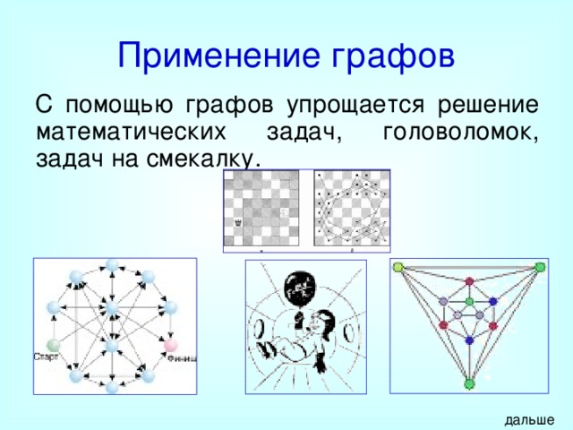 Применение графов С помощью графов упрощается решение математических задач, головоломок, задач на смекалку. дальше 