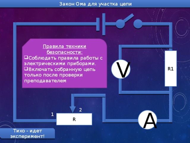 Закон Ома для участка цепи Правила техники безопасности: Соблюдать правила работы с электрическими приборами. Включать собранную цепь только после проверки преподавателем R1 V 2 А 1 R Тихо - идет эксперимент! 
