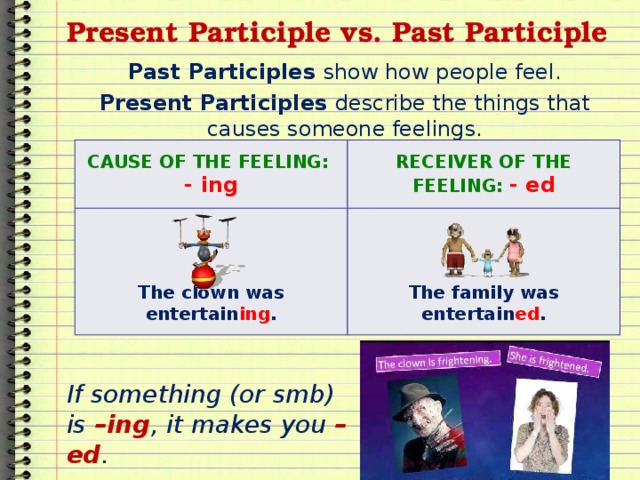 Present Participle vs. Past Participle Past Participles show how people feel. Present Participles describe the things that causes someone feelings. CAUSE OF THE FEELING: - ing RECEIVER OF THE FEELING: - ed       The family was entertain ed . The clown was entertain ing . If something (or smb) is –ing , it makes you –ed . 