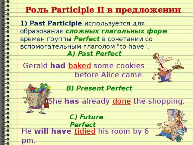 Роль Participle II в предложении 1) Past Participle используется для образования сложных глагольных форм времен группы Perfect в сочетании со вспомогательным глаголом 