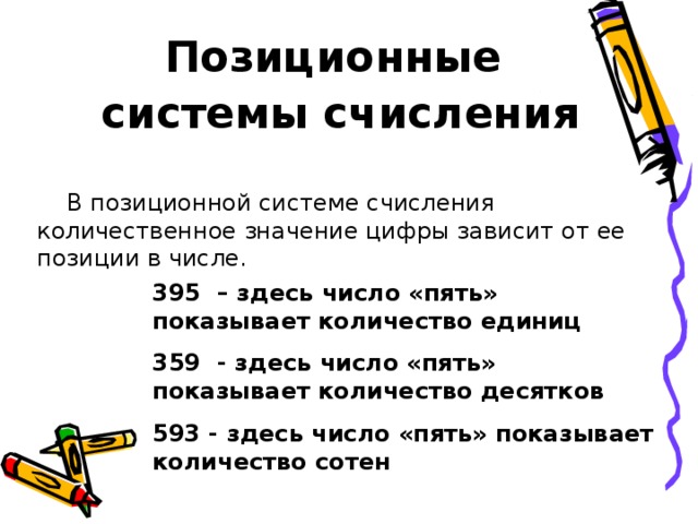 Позиционные системы счисления   В позиционной системе счисления количественное значение цифры зависит от ее позиции в числе. 395 – здесь число «пять» показывает количество единиц 359 - здесь число «пять» показывает количество десятков 593 - здесь число «пять» показывает количество сотен     