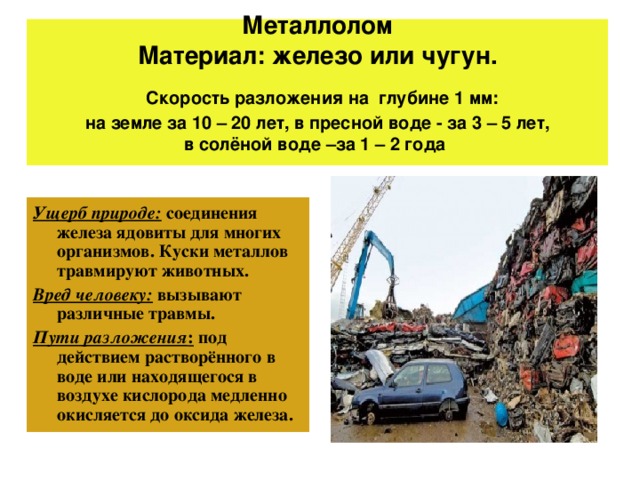 Металлолом  Материал: железо или чугун.   Скорость разложения на глубине 1 мм:  на земле за 10 – 20 лет, в пресной воде - за 3 – 5 лет,  в солёной воде –за 1 – 2 года   Ущерб природе: соединения железа ядовиты для многих организмов. Куски металлов травмируют животных. Вред человеку: вызывают различные травмы. Пути разложения : под действием растворённого в воде или находящегося в воздухе кислорода медленно окисляется до оксида железа. 