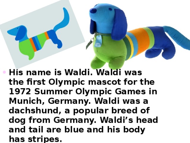 His name is Waldi. Waldi was the first Olympic mascot for the 1972 Summer Olympic Games in Munich , Germany. Waldi was a dachshund , a popular breed of dog from Germany. Waldi’s head and tail are blue and his body has stripes. 