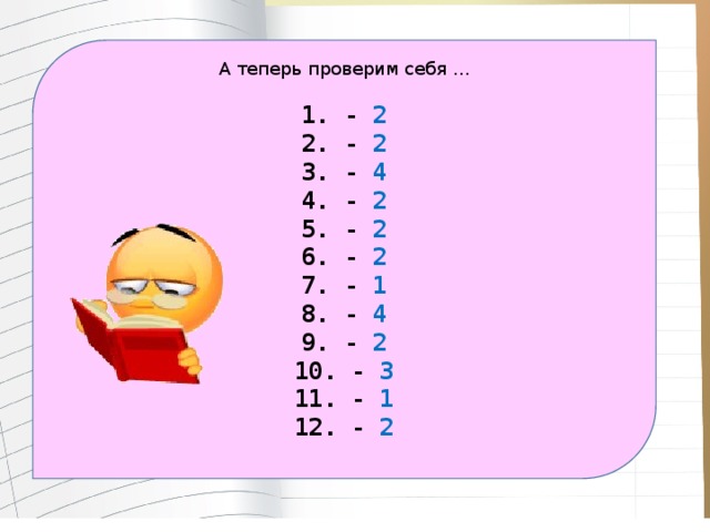 А теперь проверим себя … 1. - 2 2. - 2 3. - 4 4. - 2 5. - 2 6. - 2 7. - 1 8. - 4 9. - 2 10. - 3 11. - 1 12. - 2 