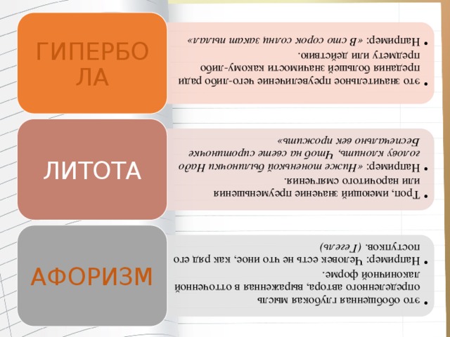 это значительное преувеличение чего-либо ради предания большей значимости какому-либо предмету или действию.  Например: «В сто сорок солнц закат пылал» это значительное преувеличение чего-либо ради предания большей значимости какому-либо предмету или действию.  Например: «В сто сорок солнц закат пылал» Троп, имеющий значение преуменьшения или нарочитого смягчения. Например: «Ниже тоненькой былиночки Надо голову клонить, Чтоб на свете сиротиночке Беспечально век прожить» Троп, имеющий значение преуменьшения или нарочитого смягчения. Например: «Ниже тоненькой былиночки Надо голову клонить, Чтоб на свете сиротиночке Беспечально век прожить» это обобщенная глубокая мысль определенного автора, выраженная в отточенной лаконичной форме. Например: Человек есть не что иное, как ряд его поступков . (Гегель) это обобщенная глубокая мысль определенного автора, выраженная в отточенной лаконичной форме. Например: Человек есть не что иное, как ряд его поступков . (Гегель) ГИПЕРБОЛА ЛИТОТА АФОРИЗМ 