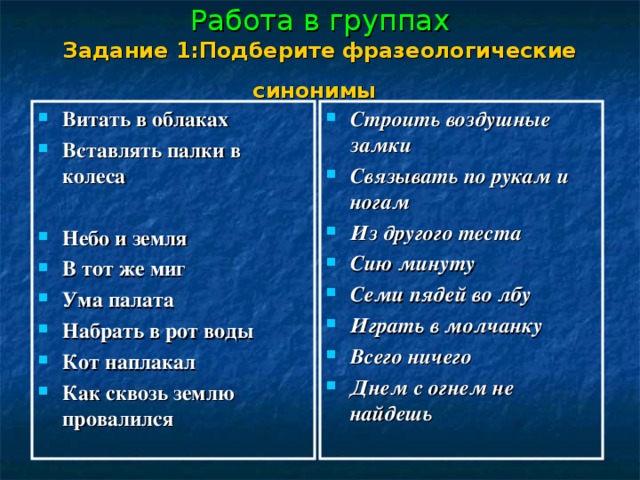 Небо синоним. Фразеологические синонимы небо и земля. Найдите фразеологические синонимы витать в облаках. Небо и земля синоним фразеологизм. Вставлять палки в колеса синоним.