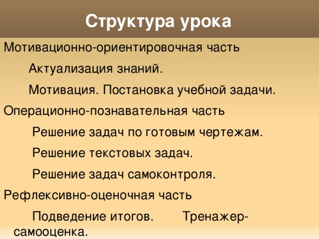 Структура урока Мотивационно-ориентировочная часть  Актуализация знаний.  Мотивация. Постановка учебной задачи. Операционно-познавательная часть  Решение задач по готовым чертежам.  Решение текстовых задач.  Решение задач самоконтроля. Рефлексивно-оценочная часть  Подведение итогов. Тренажер-самооценка.  Задание на дом. 