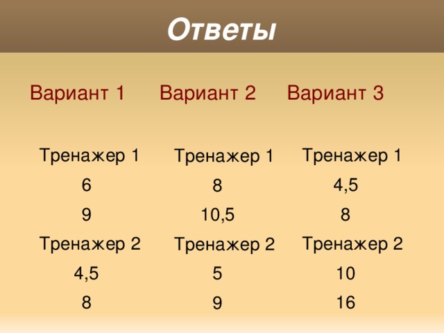 Ответы Вариант 1 Вариант 3  Тренажер 1  Тренажер 1 4,5 6 8  9  Тренажер 2  Тренажер 2 4,5 10 8 16 Вариант 2  Тренажер 1 8 10,5  Тренажер 2 5 9 