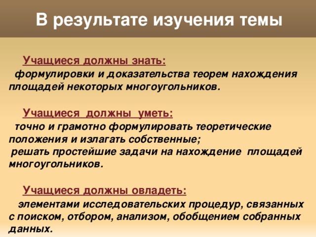 В результате изучения темы     Учащиеся должны знать:  формулировки и доказательства теорем нахождения площадей некоторых многоугольников.    Учащиеся должны уметь:  точно и грамотно формулировать теоретические положения и излагать собственные;  решать простейшие задачи на нахождение площадей многоугольников.   Учащиеся должны овладеть:  элементами исследовательских процедур, связанных с поиском, отбором, анализом, обобщением собранных данных.  