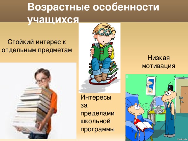 Возрастные особенности учащихся Стойкий интерес к отдельным предметам Низкая мотивация Интересы за пределами школьной программы 