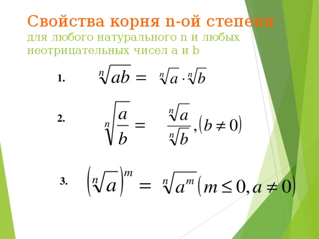 Свойства корня n-ой степени  для любого натурального n и любых неотрицательных чисел a и b 1. 2.  3.  