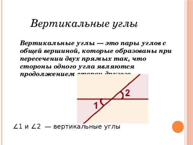 Вертикальные углы Вертикальные углы — это пары углов с общей вершиной, которые образованы при пересечении двух прямых так, что стороны одного угла являются продолжением сторон другого. ∠ 1 и ∠2  — вертикальные углы     