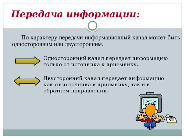 Информация передается от источника к приемнику. Односторонний канал передачи. Односторонний канал передачи информации это. Односторонний и двусторонний характер передачи информации.