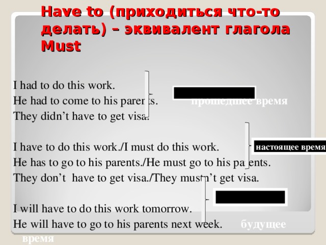 Have to (приходиться что-то делать) – эквивалент глагола Must I had to do this work. He had to come to his parents. прошедшее время They didn’t have to get visa. I have to do this work./I must do this work. He has to go to his parents./He must go to his parents. They don’t have to get visa./They mustn’t get visa. I will have to do this work tomorrow. He will have to go to his parents next week. будущее время They will not have to get visa in a month. настоящее время 