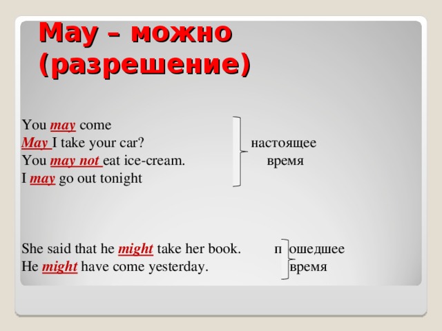 May – можно (разрешение) You may come May I take your car? настоящее You may not eat ice-cream. время I may go out tonight She said that he might take her book.  прошедшее He might have come yesterday. время 