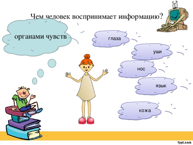 Чем человек воспринимает информацию ?   органами чувств глаза уши нос язык кожа 