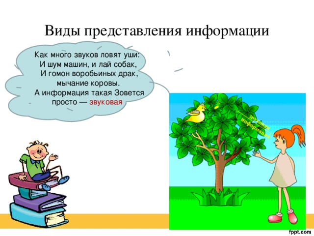 Виды представления информации Как много звуков ловят уши: И шум машин, и лай собак,  И гомон воробьиных драк, мычание коровы.  А информация такая Зовется просто — звуковая 