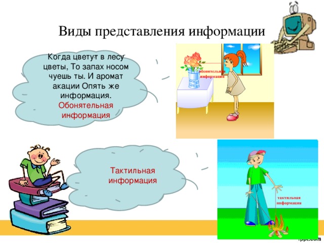 Виды представления информации Когда цветут в лесу цветы, То запах носом чуешь ты. И аромат акации Опять же информация. Обонятельная информация Тактильная информация 