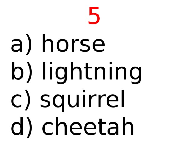 5  horse b) lightning c) squirrel d) cheetah 