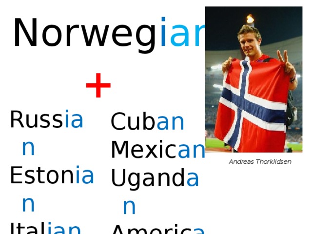 Norweg i an + Russ ian Eston ian Ital ian Canad ian Cub an Mexic an Ugand an Americ an Andreas Thorkildsen 