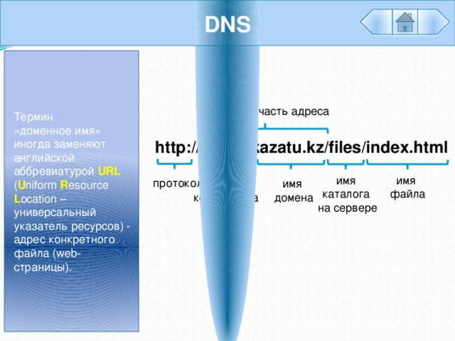 DNS Термин «доменное имя» иногда заменяют английской аббревиатурой URL  ( U niform R esource L ocation – универсальный указатель ресурсов) - адрес конкретного файла (web-страницы). Доменная часть адреса http://portal.kazatu.kz/files/index.html имя имя каталога файла на сервере протокол имя компьютера имя домена 