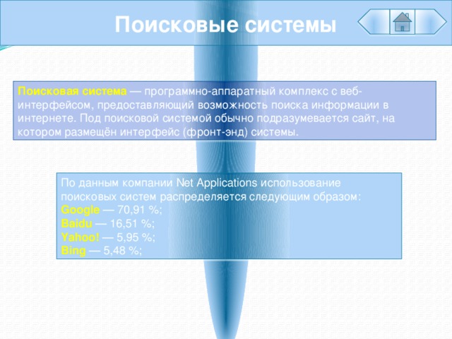 Поисковые системы Поисковая система — программно-аппаратный комплекс с веб-интерфейсом, предоставляющий возможность поиска информации в интернете. Под поисковой системой обычно подразумевается сайт, на котором размещён интерфейс (фронт-энд) системы. По данным компании Net Applications использование поисковых систем распределяется следующим образом: Google — 70,91 %; Baidu — 16,51 %; Yahoo! — 5,95 %; Bing — 5,48 %; 