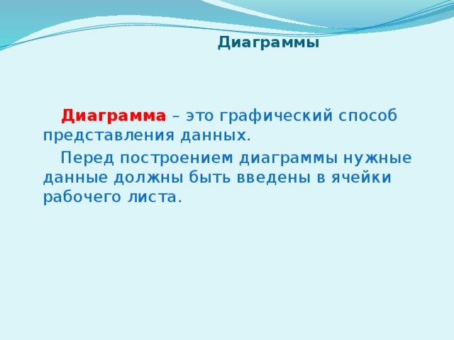 Диаграммы   Диаграмма  – это графический способ представления данных. Перед построением диаграммы нужные данные должны быть введены в ячейки рабочего листа.  