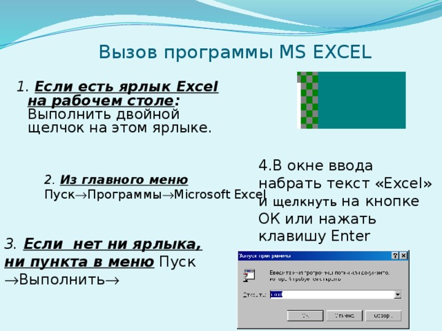 4.В окне ввода набрать текст « Excel » и щелкнуть на кнопке ОК или нажать клавишу Enter  Вызов программы MS EXCEL 1. Если есть ярлык Excel на рабочем столе : Выполнить двойной щелчок на этом ярлыке. 2. Из главного меню Пуск  Программы  Microsoft Excel 3. Если нет ни ярлыка, ни пункта в меню Пуск  Выполнить   