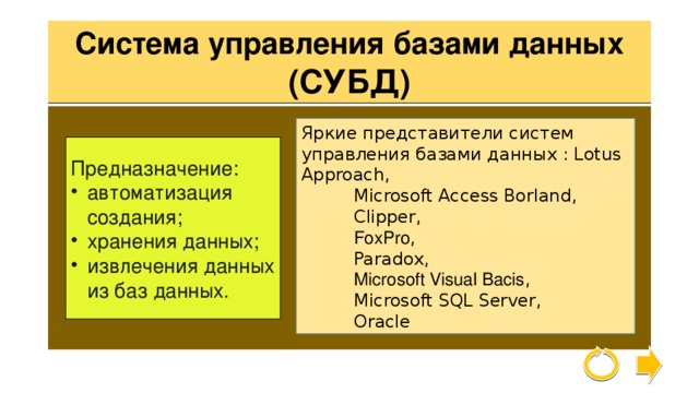 Система управления базами данных  (СУБД) Яркие представители систем управления базами данных : Lotus Approach,   Microsoft Access Borland,   Clipper,   FoxPro ,   Paradox,   Microsoft Visual Bacis ,   Microsoft SQL Server,   Oracle Предназначение: автоматизация создания; хранения данных; извлечения данных из баз данных. 