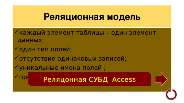 Реляционная модель каждый элемент таблицы – один элемент данных; один тип полей; отсутствие одинаковых записей; уникальные имена полей ; произвольный порядок записей. Реляцонная СУБД Access 