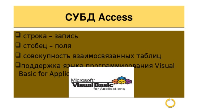 CУБД Access  строка – запись  стобец – поля  совокупность взаимосвязанных таблиц поддержка языка программирования Visual Basic for Applications 