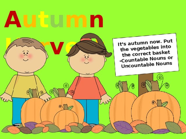 It’s autumn now. Put the vegetables into the correct basket -Countable Nouns or Uncountable Nouns A u t u m n  H a r v e s t  