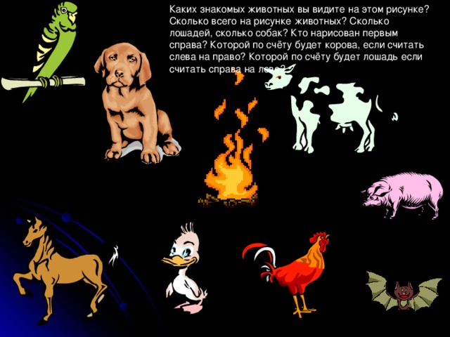 Каких знакомых животных вы видите на этом рисунке? Сколько всего на рисунке животных? Сколько лошадей, сколько собак? Кто нарисован первым справа? Которой по счёту будет корова, если считать слева на право? Которой по счёту будет лошадь если считать справа на лево? 