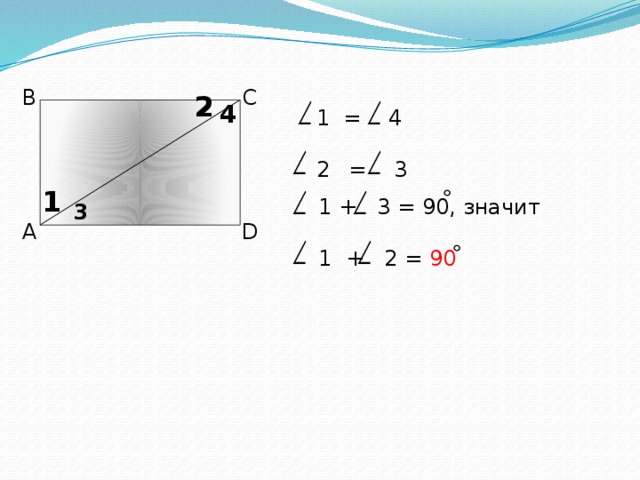1 = 4 = 3 В С 2 4 1  1 + 3 = 90, значит  1 + 2 = 90 3 А D 