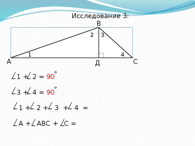 Исследование 3: В 2 3 4 1 С А Д 1 + 2 = 90  3 + 4 = 90   1 + 2 + 3 + 4 =  А + АВС + С = 